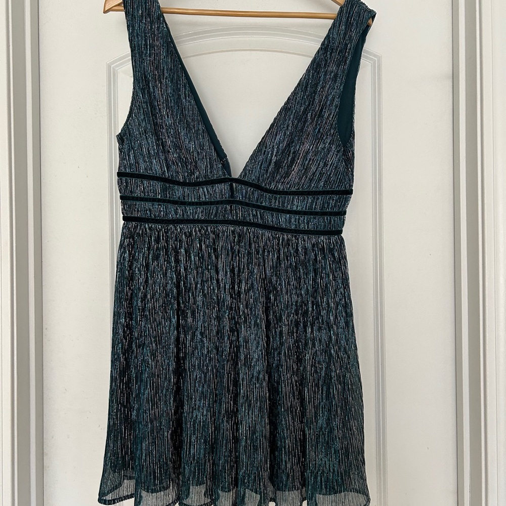 Plunging V-Neck Teal Metallic Pleated Women's Dress